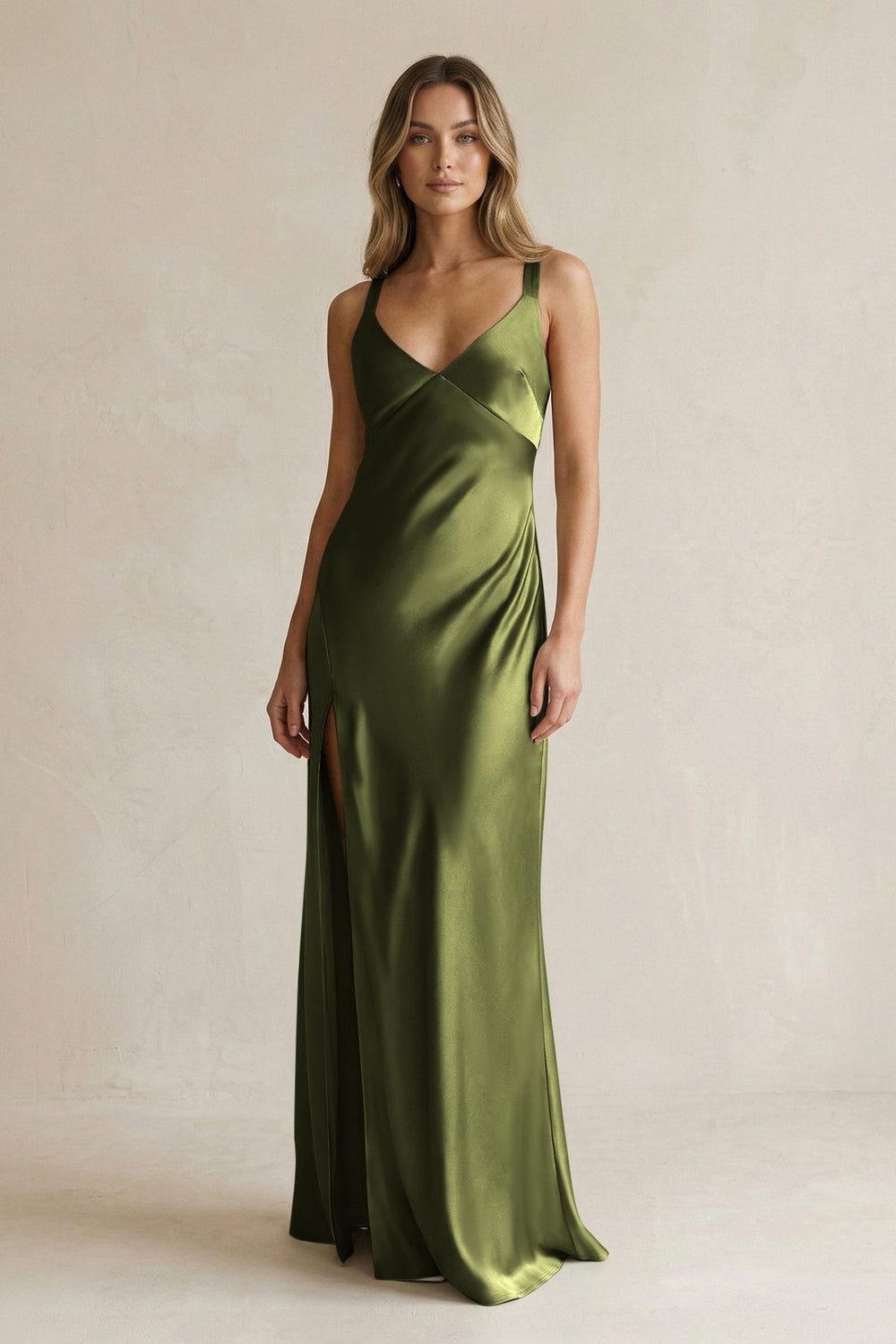 V - Neck Sheath Satin Bridesmaid Dress With Slit in Olive - KISS BRIDAL Bridesmaid Dresses