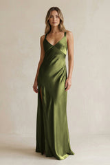 V - Neck Sheath Satin Bridesmaid Dress With Slit in Olive - KISS BRIDAL Bridesmaid Dresses