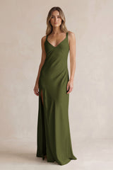 V-Neck Sheath Satin Bridesmaid Dress With Slit in Olive | KISSBRIDAL