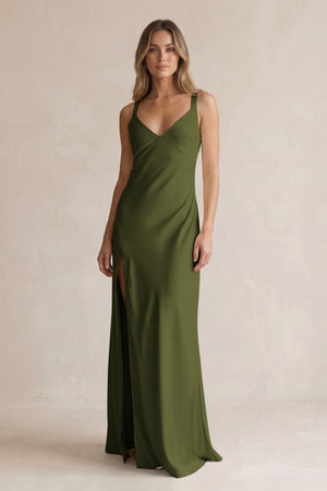 V-Neck Sheath Satin Bridesmaid Dress With Slit in Olive | KISSBRIDAL