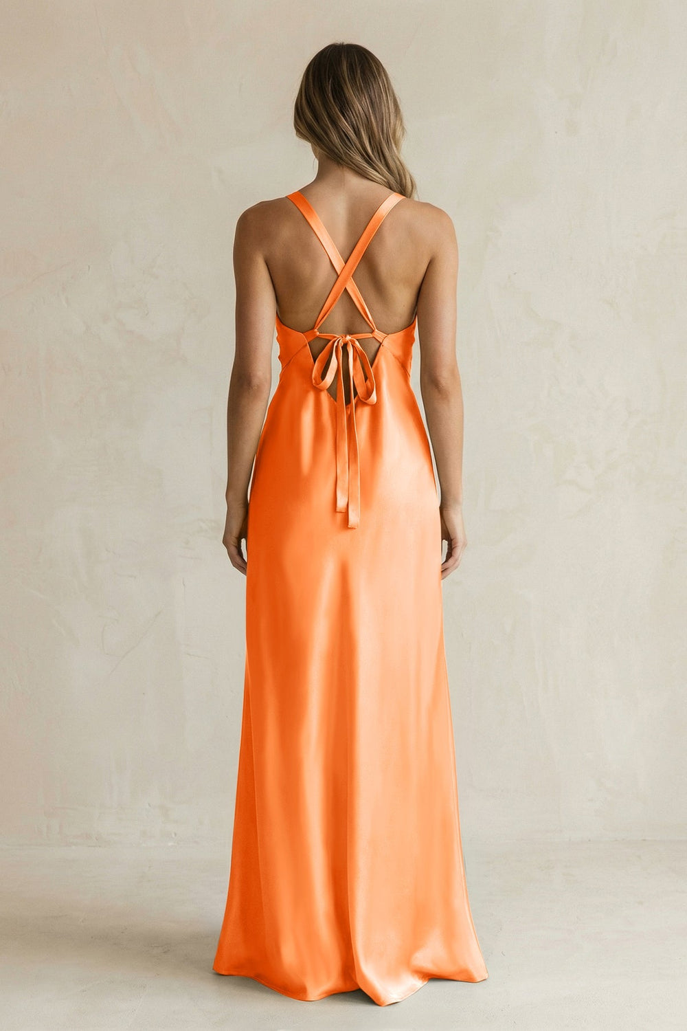 V - Neck Sheath Satin Bridesmaid Dress With Slit in Orange - KISS BRIDAL Bridesmaid Dresses