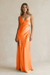 V - Neck Sheath Satin Bridesmaid Dress With Slit in Orange - KISS BRIDAL Bridesmaid Dresses