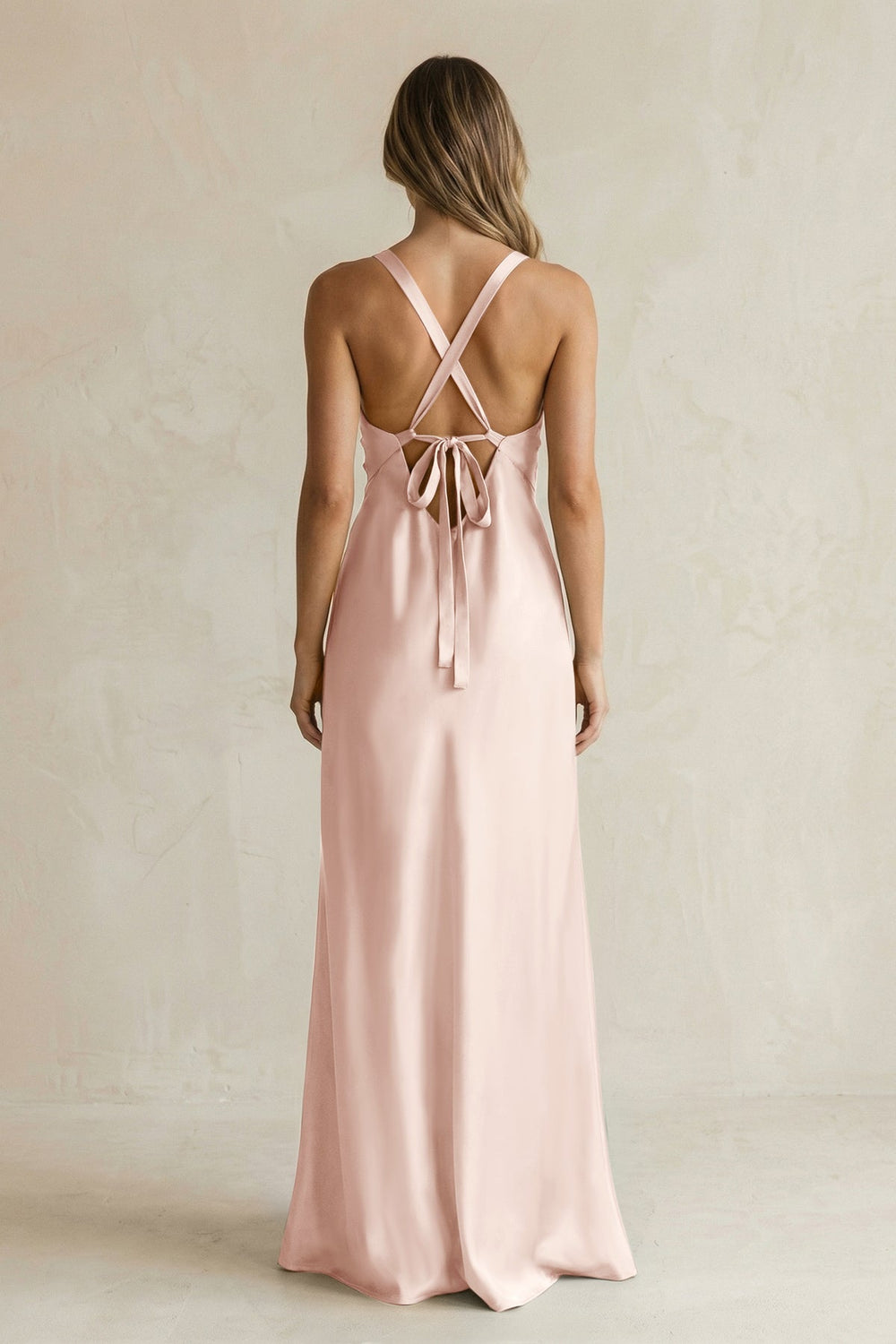 V - Neck Sheath Satin Bridesmaid Dress With Slit in Pale Blush - KISS BRIDAL Bridesmaid Dresses