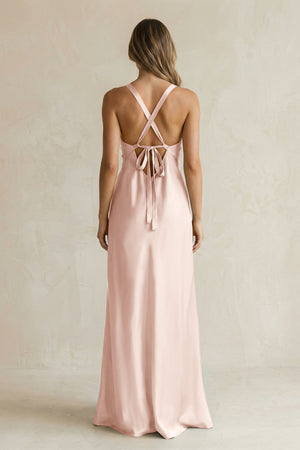 V - Neck Sheath Satin Bridesmaid Dress With Slit in Pale Blush - KISS BRIDAL Bridesmaid Dresses