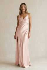 V - Neck Sheath Satin Bridesmaid Dress With Slit in Pale Blush - KISS BRIDAL Bridesmaid Dresses