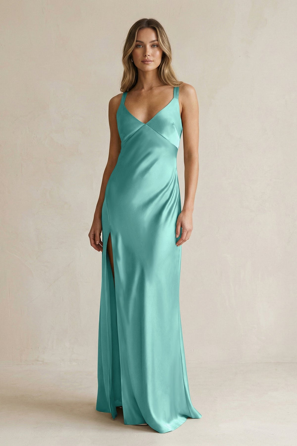 V - Neck Sheath Satin Bridesmaid Dress With Slit in Pale Pistachio - KISS BRIDAL Bridesmaid Dresses