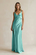 V - Neck Sheath Satin Bridesmaid Dress With Slit in Pale Pistachio - KISS BRIDAL Bridesmaid Dresses