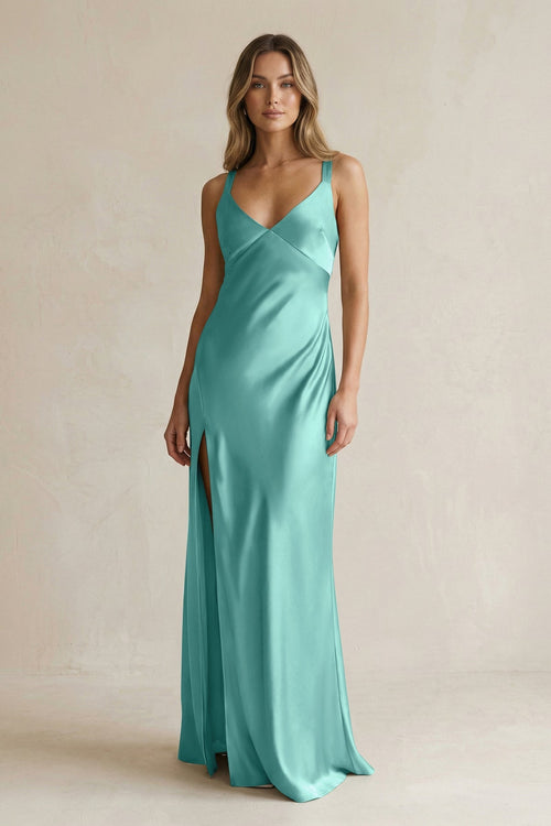 V - Neck Sheath Satin Bridesmaid Dress With Slit in Pale Pistachio - KISS BRIDAL Bridesmaid Dresses