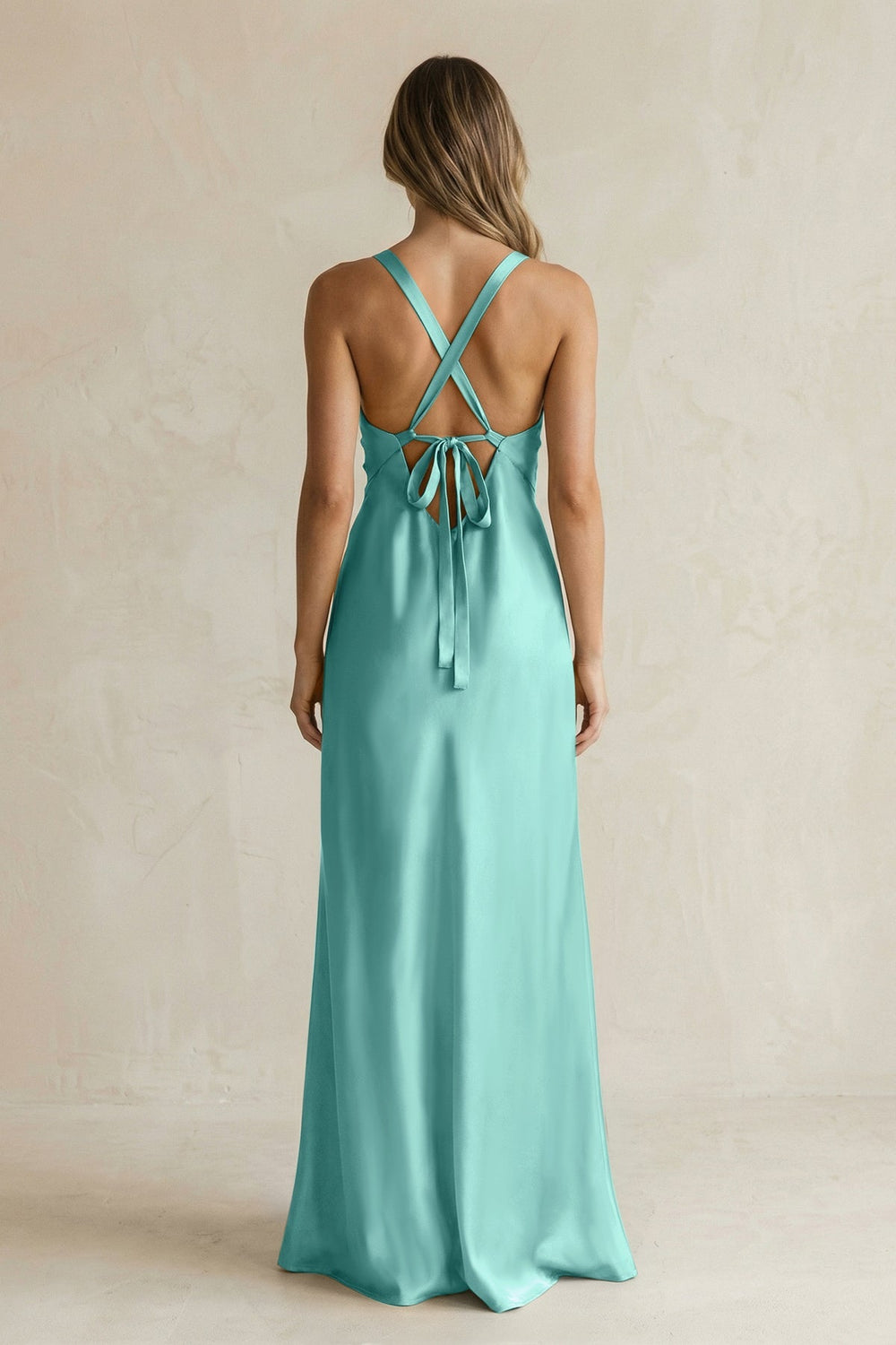 V - Neck Sheath Satin Bridesmaid Dress With Slit in Pale Pistachio - KISS BRIDAL Bridesmaid Dresses