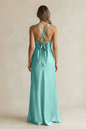 V - Neck Sheath Satin Bridesmaid Dress With Slit in Pale Pistachio - KISS BRIDAL Bridesmaid Dresses