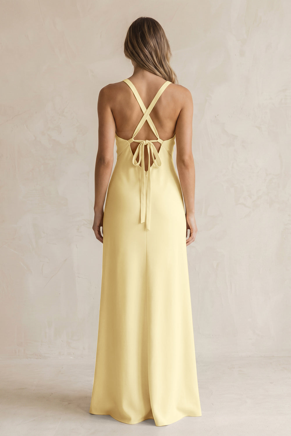 V-Neck Sheath Satin Bridesmaid Dress With Slit in Pastel Yellow