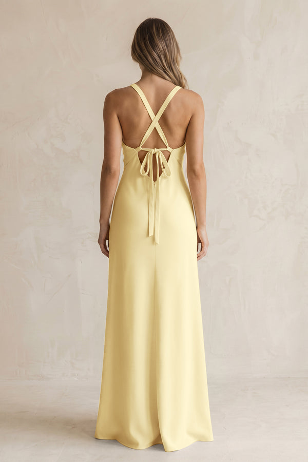 V-Neck Sheath Satin Bridesmaid Dress With Slit in Pastel Yellow (2) | KISSBRIDAL