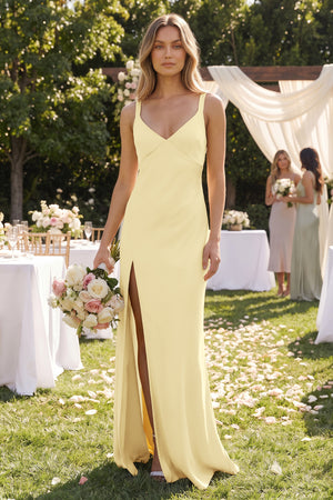 V-Neck Sheath Satin Bridesmaid Dress With Slit in Pastel Yellow (3) | KISSBRIDAL