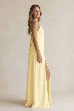 V-Neck Sheath Satin Bridesmaid Dress With Slit in Pastel Yellow (4) | KISSBRIDAL