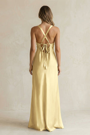 V - Neck Sheath Satin Bridesmaid Dress With Slit in Pastel Yellow - KISS BRIDAL Bridesmaid Dresses