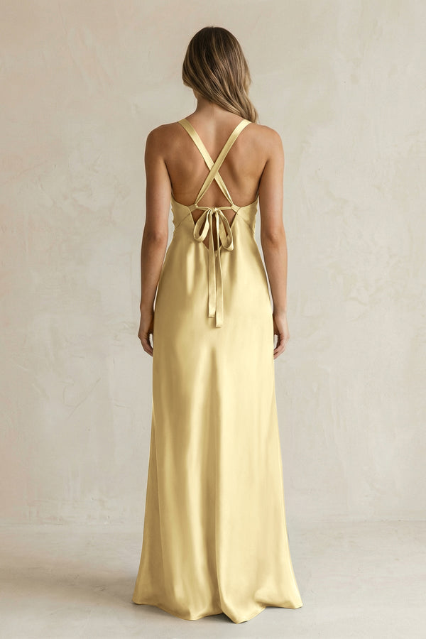 V - Neck Sheath Satin Bridesmaid Dress With Slit in Pastel Yellow - KISS BRIDAL Bridesmaid Dresses