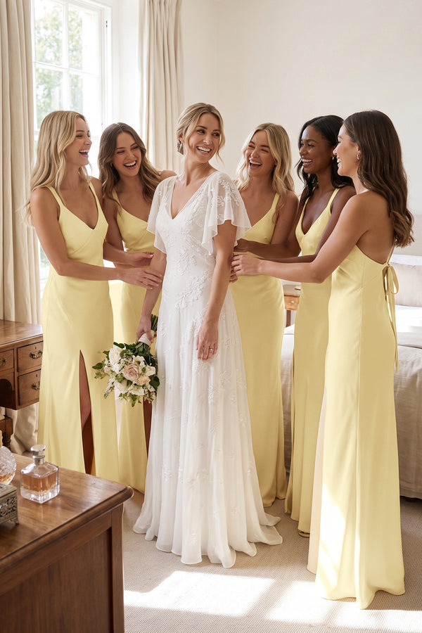 V-Neck Sheath Satin Bridesmaid Dress With Slit in Pastel Yellow (5) | KISSBRIDAL