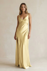 V - Neck Sheath Satin Bridesmaid Dress With Slit in Pastel Yellow - KISS BRIDAL Bridesmaid Dresses
