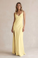 V-Neck Sheath Satin Bridesmaid Dress With Slit in Pastel Yellow | KISSBRIDAL