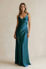 V - Neck Sheath Satin Bridesmaid Dress With Slit in Pine - KISS BRIDAL Bridesmaid Dresses