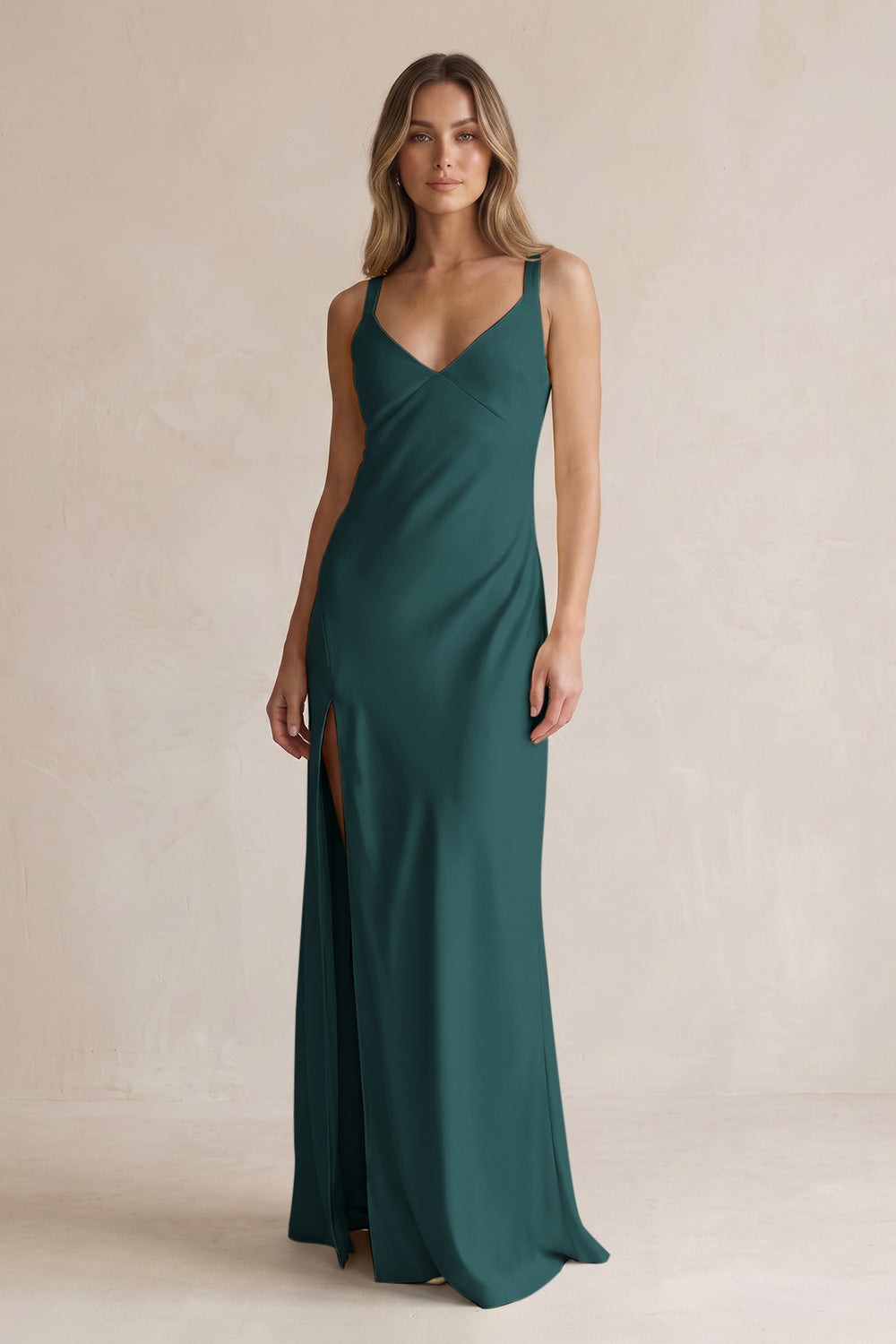 V-Neck Sheath Satin Bridesmaid Dress With Slit in Pine