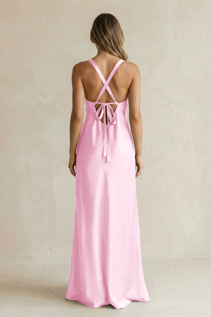 V - Neck Sheath Satin Bridesmaid Dress With Slit in Pink - KISS BRIDAL Bridesmaid Dresses