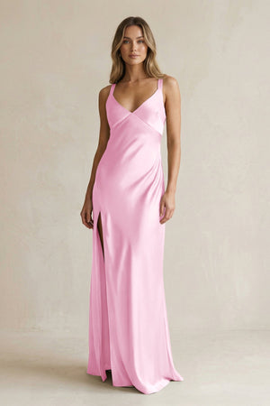 V - Neck Sheath Satin Bridesmaid Dress With Slit in Pink - KISS BRIDAL Bridesmaid Dresses