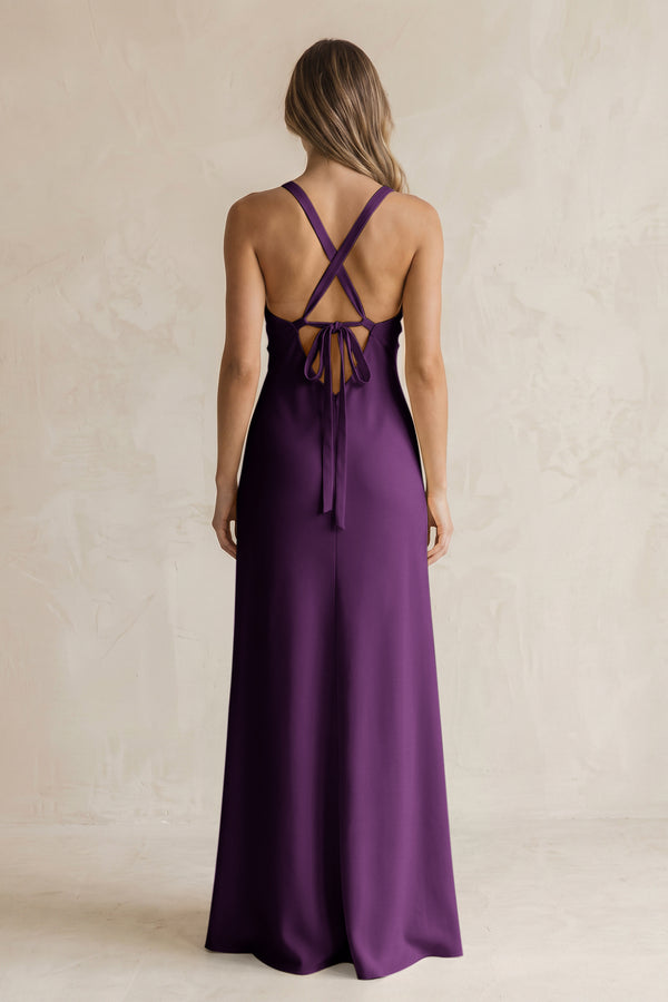 V-Neck Sheath Satin Bridesmaid Dress With Slit in Plum (2) | KISSBRIDAL