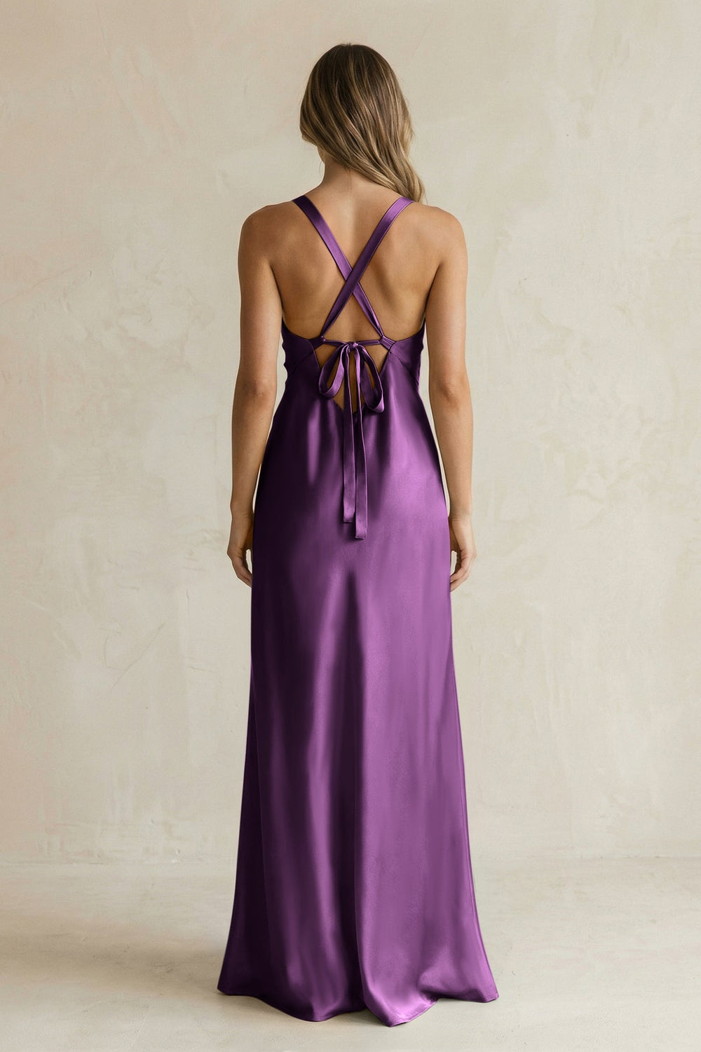 V - Neck Sheath Satin Bridesmaid Dress With Slit in Plum - KISS BRIDAL Bridesmaid Dresses