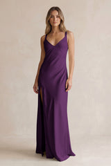 V-Neck Sheath Satin Bridesmaid Dress With Slit in Plum | KISSBRIDAL