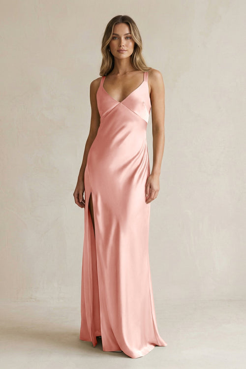 V - Neck Sheath Satin Bridesmaid Dress With Slit in Rose Petal - KISS BRIDAL Bridesmaid Dresses