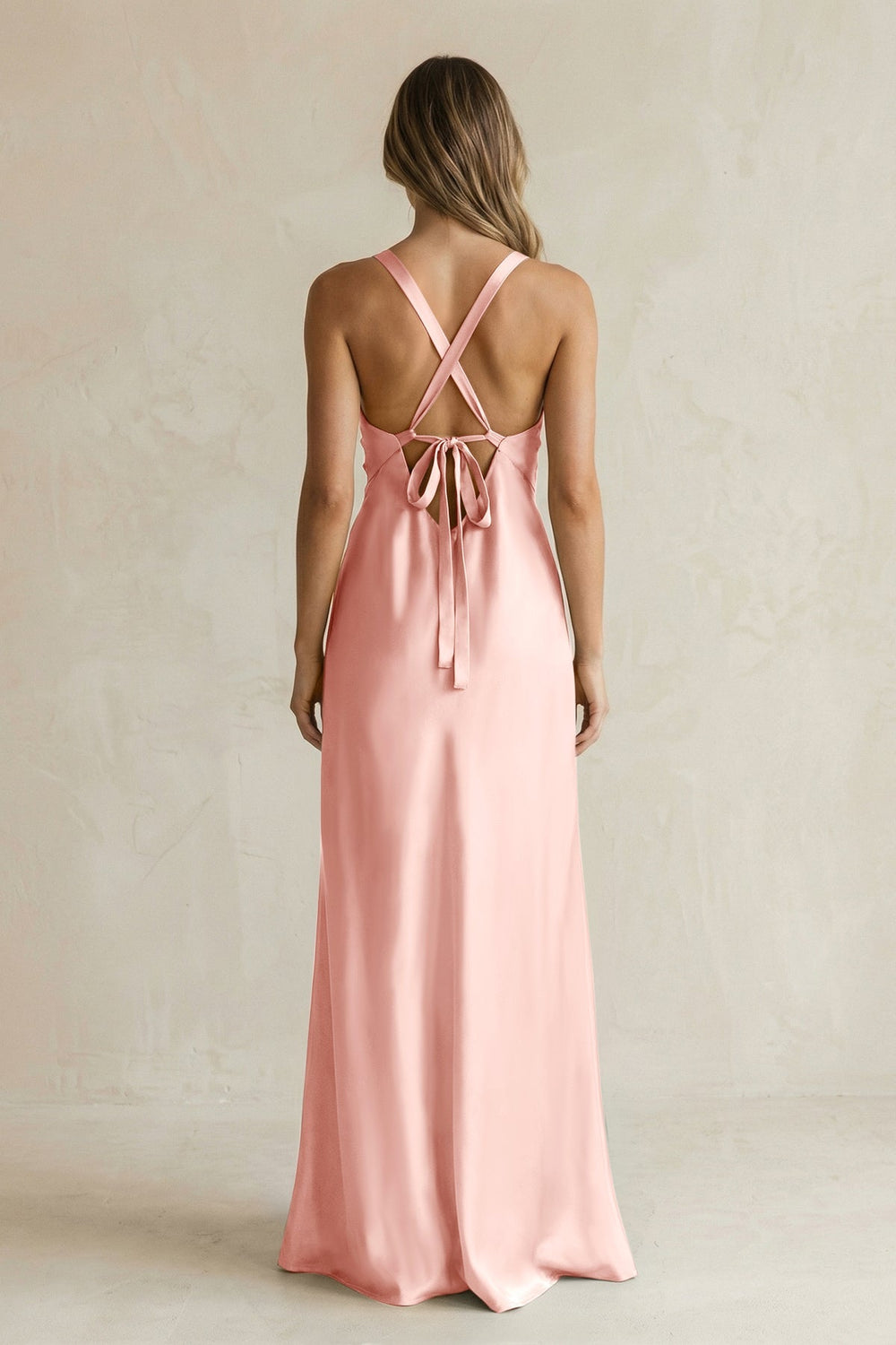V - Neck Sheath Satin Bridesmaid Dress With Slit in Rose Petal - KISS BRIDAL Bridesmaid Dresses