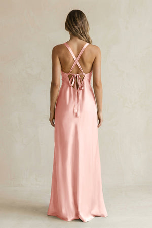 V - Neck Sheath Satin Bridesmaid Dress With Slit in Rose Petal - KISS BRIDAL Bridesmaid Dresses