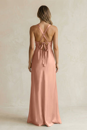 V - Neck Sheath Satin Bridesmaid Dress With Slit in Rosette - KISS BRIDAL Bridesmaid Dresses