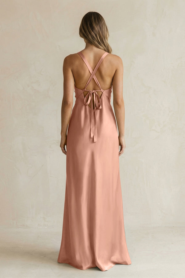V - Neck Sheath Satin Bridesmaid Dress With Slit in Rosette - KISS BRIDAL Bridesmaid Dresses