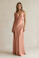 V - Neck Sheath Satin Bridesmaid Dress With Slit in Rosette - KISS BRIDAL Bridesmaid Dresses