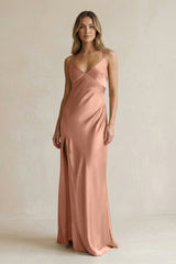 V - Neck Sheath Satin Bridesmaid Dress With Slit in Rosette - KISS BRIDAL Bridesmaid Dresses