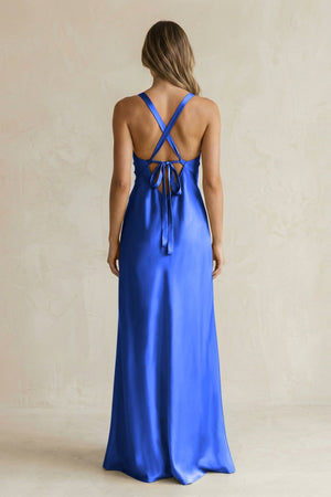 V - Neck Sheath Satin Bridesmaid Dress With Slit in Royal Blue - KISS BRIDAL Bridesmaid Dresses