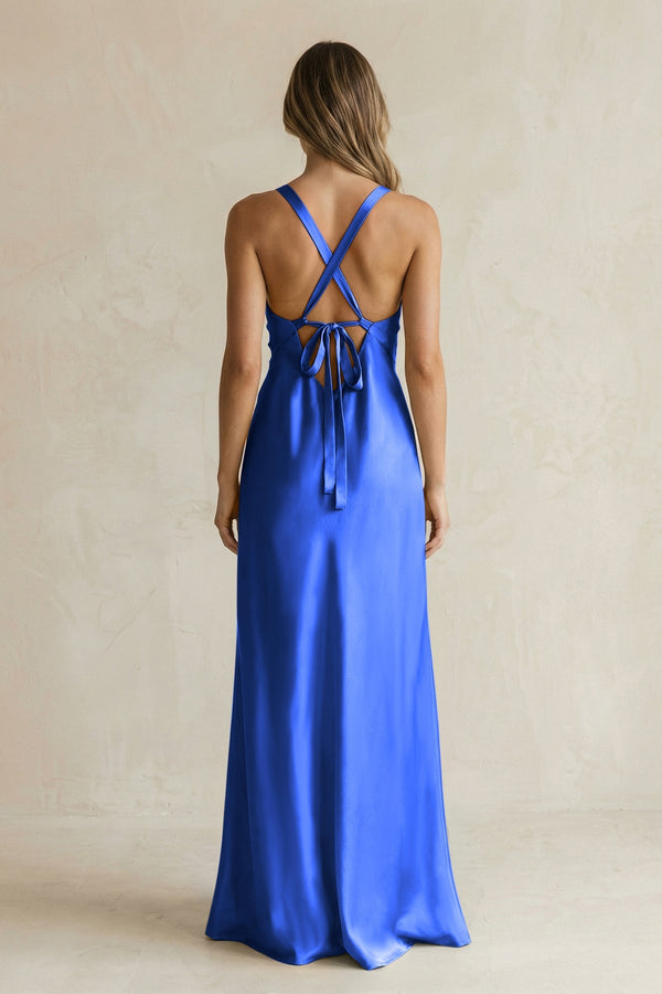 V - Neck Sheath Satin Bridesmaid Dress With Slit in Royal Blue - KISS BRIDAL Bridesmaid Dresses