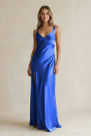 V - Neck Sheath Satin Bridesmaid Dress With Slit in Royal Blue - KISS BRIDAL Bridesmaid Dresses