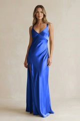 V - Neck Sheath Satin Bridesmaid Dress With Slit in Royal Blue - KISS BRIDAL Bridesmaid Dresses