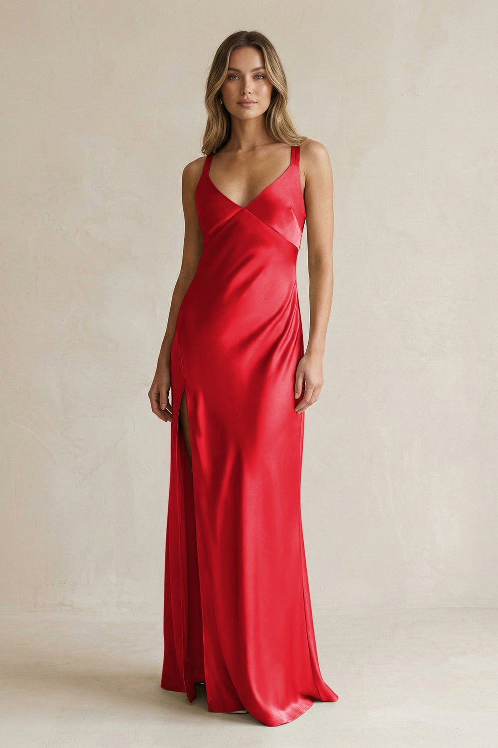V - Neck Sheath Satin Bridesmaid Dress With Slit in Ruby Red - KISS BRIDAL Bridesmaid Dresses