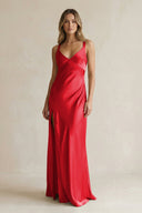 V - Neck Sheath Satin Bridesmaid Dress With Slit in Ruby Red - KISS BRIDAL Bridesmaid Dresses