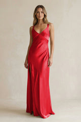 V - Neck Sheath Satin Bridesmaid Dress With Slit in Ruby Red - KISS BRIDAL Bridesmaid Dresses