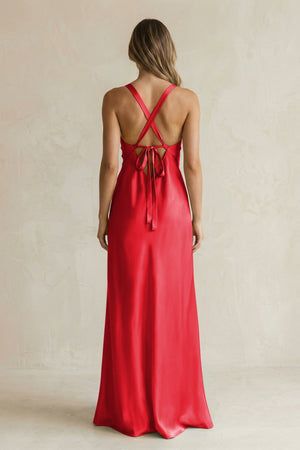 V - Neck Sheath Satin Bridesmaid Dress With Slit in Ruby Red - KISS BRIDAL Bridesmaid Dresses