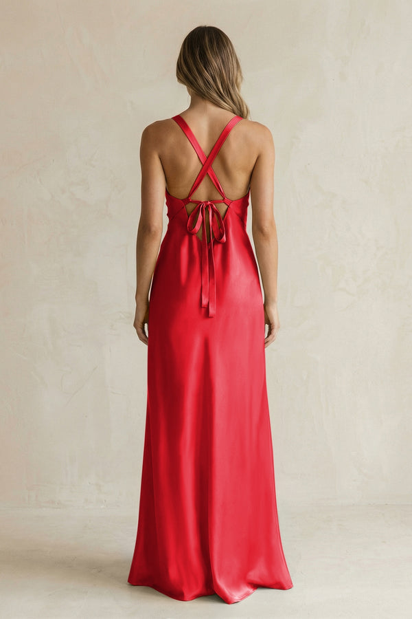 V - Neck Sheath Satin Bridesmaid Dress With Slit in Ruby Red - KISS BRIDAL Bridesmaid Dresses