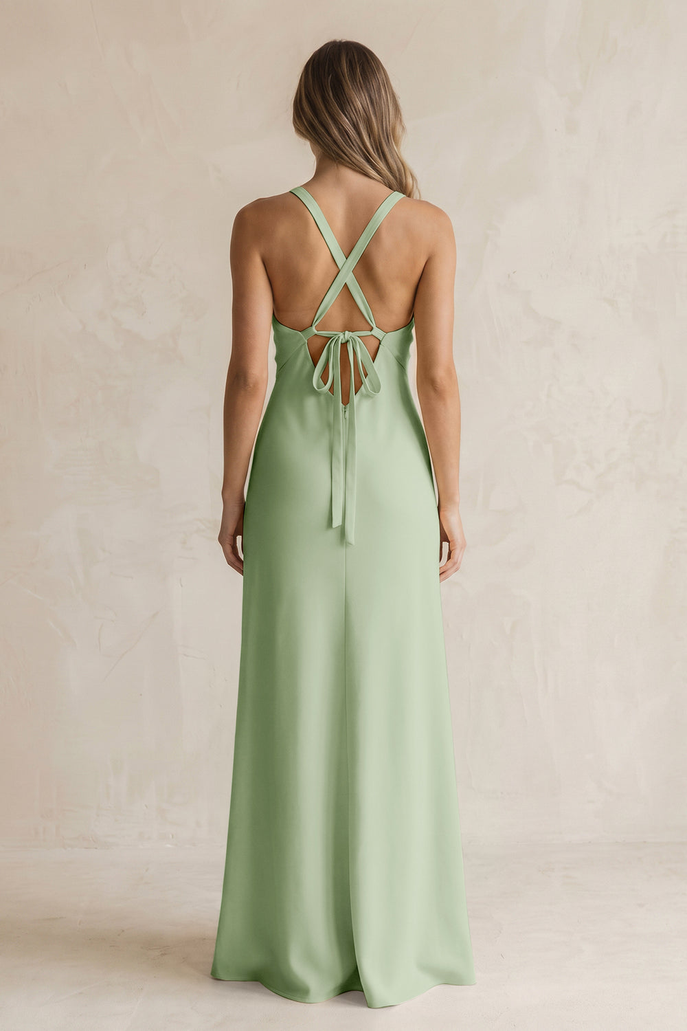 V-Neck Sheath Satin Bridesmaid Dress With Slit in Sage