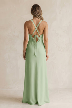 V-Neck Sheath Satin Bridesmaid Dress With Slit in Sage (2) | KISSBRIDAL
