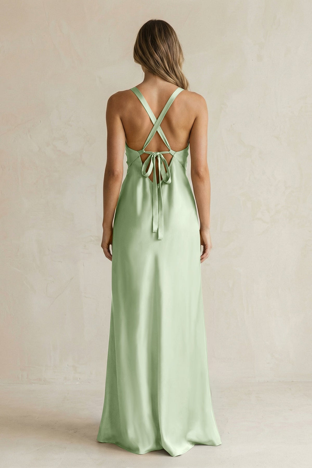 V - Neck Sheath Satin Bridesmaid Dress With Slit in Sage - KISS BRIDAL Bridesmaid Dresses