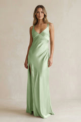 V - Neck Sheath Satin Bridesmaid Dress With Slit in Sage - KISS BRIDAL Bridesmaid Dresses